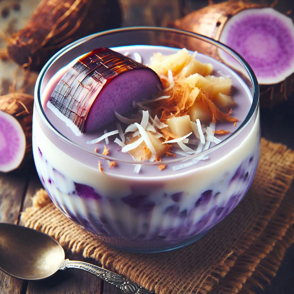 Creamy taro coconut pudding topped with fresh tropical fruit