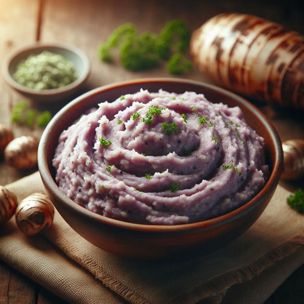 Creamy taro root mash in a bowl garnished with fresh herbs
