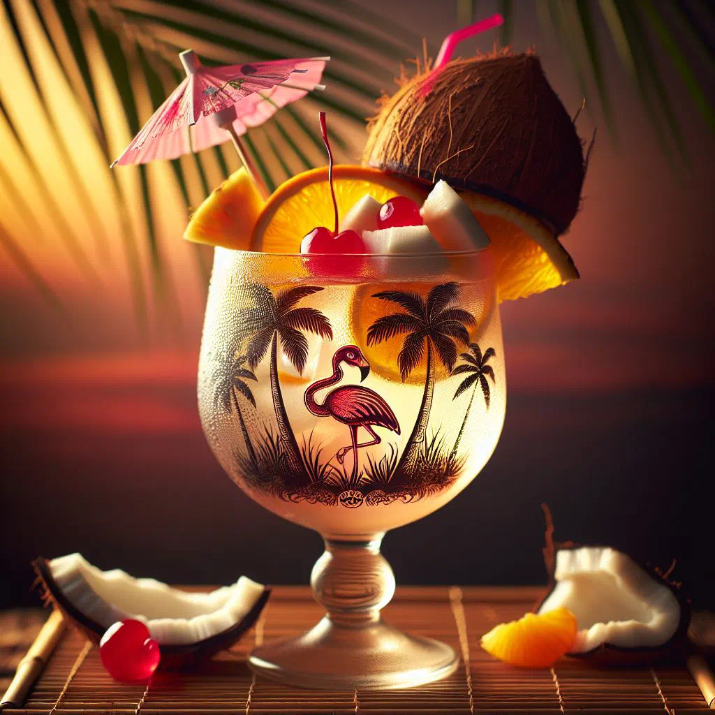 Tall glass of tropical coconut punch garnished with fresh mint and lime
