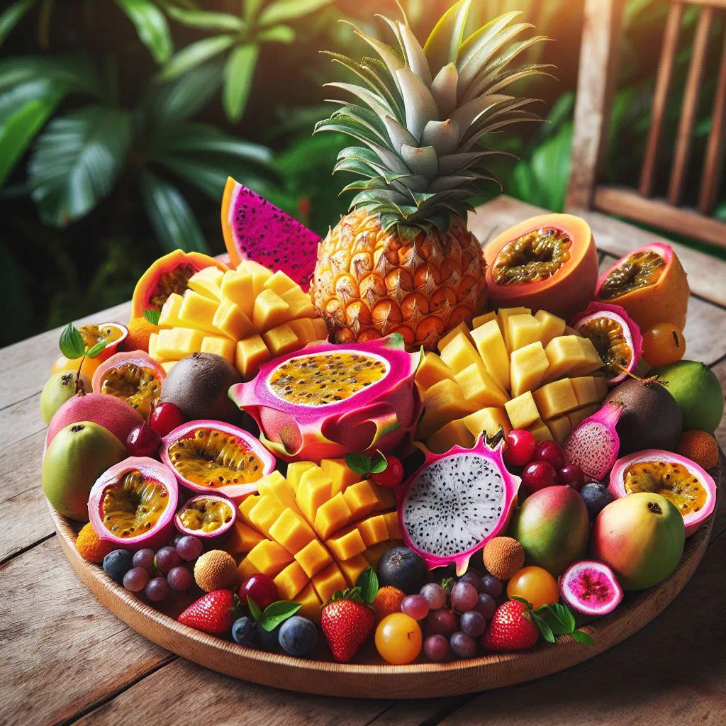 Colourful platter of sliced tropical fruit garnished with mint