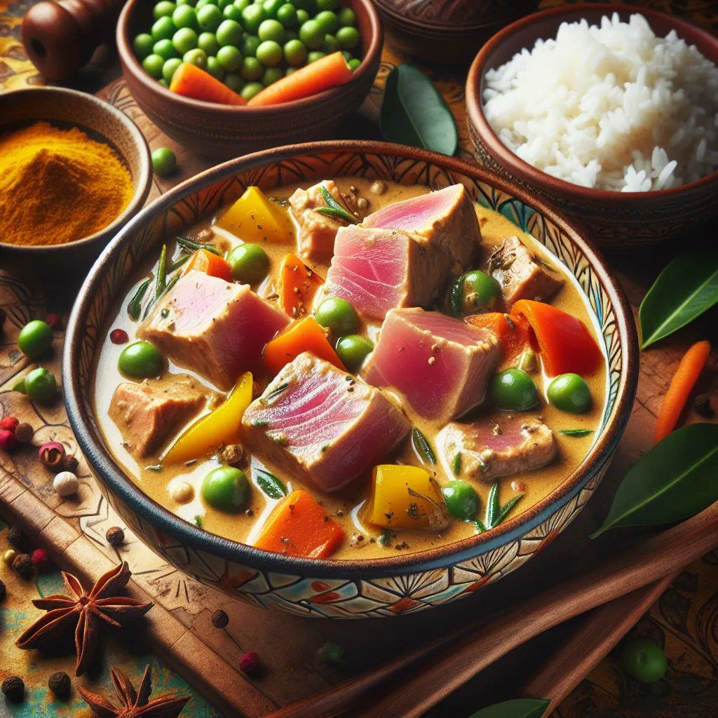 Tuna coconut curry in a creamy sauce garnished with fresh coriander