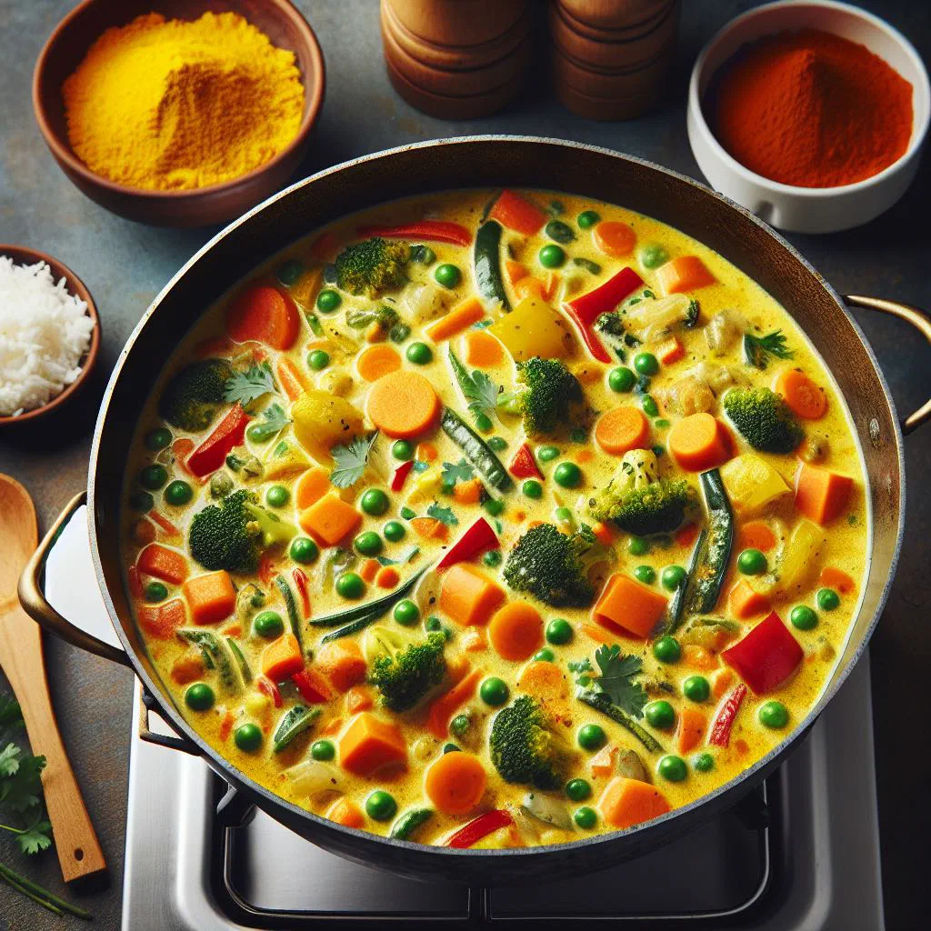 Bowl of vegetable coconut curry garnished with fresh coriander