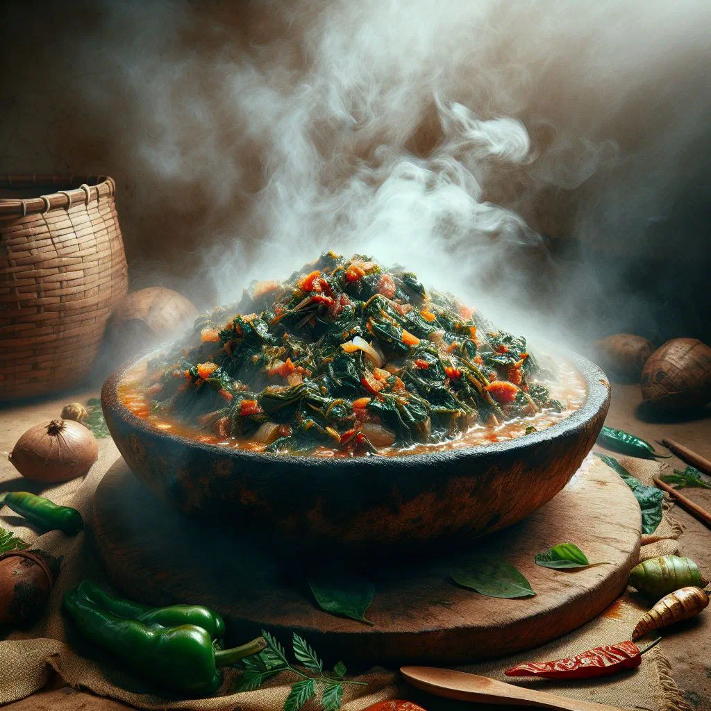 Bowl of Mauritanian baobab leaf sauce with onions and tomato