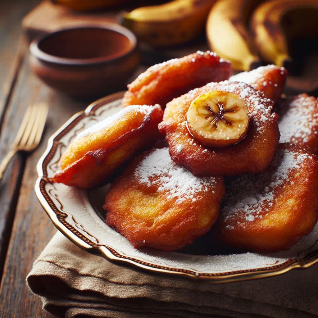 Golden deep-fried banana fritters dusted with sugar on a plate