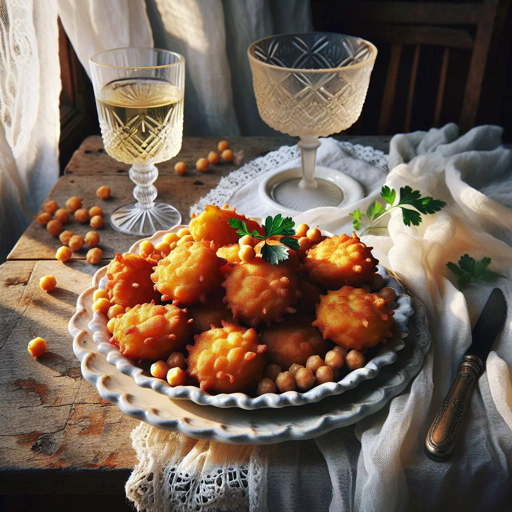 Golden, crispy chickpea fritters piled on a plate with fresh herbs
