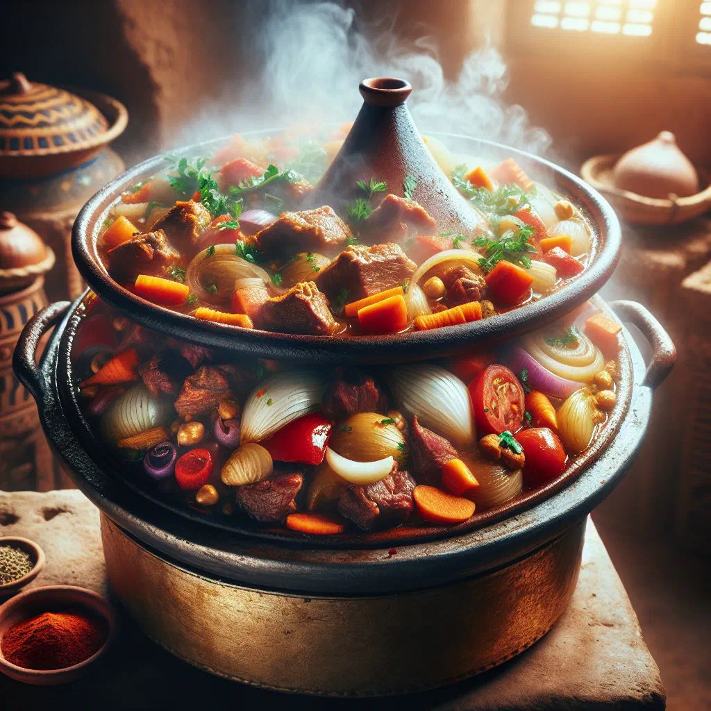 Camel tagine with vegetables in a traditional clay pot, garnished with parsley