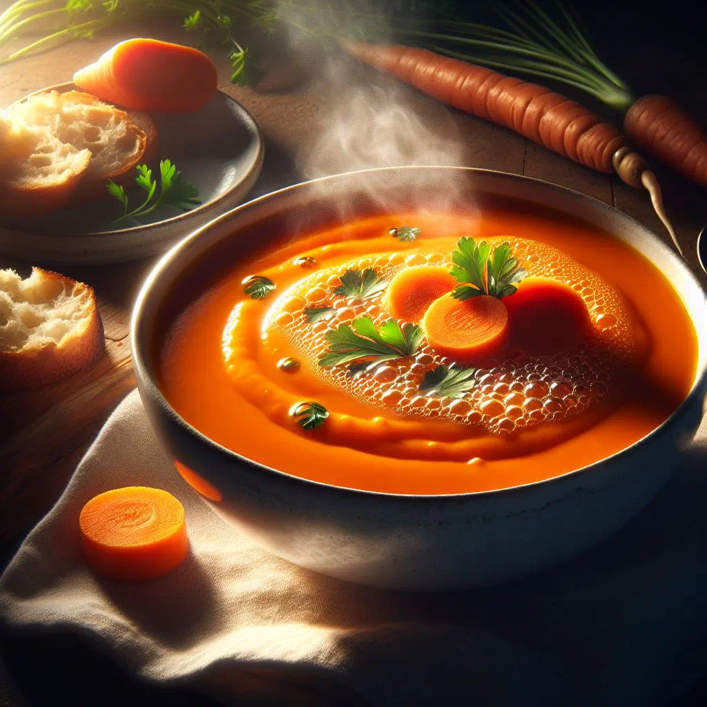Bowl of smooth Mauritanian carrot soup drizzled with olive oil and fresh herbs