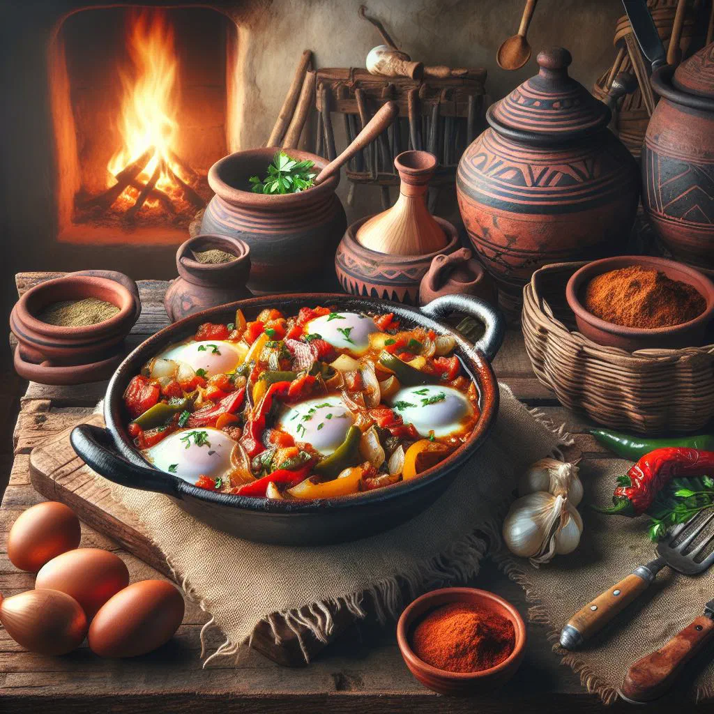 Chakchouka with eggs poached in a rich pepper and tomato sauce