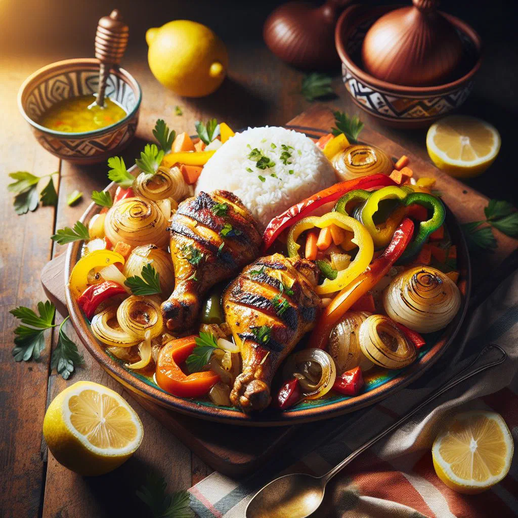 Chicken Yassa in a lemon and onion sauce, served with rice