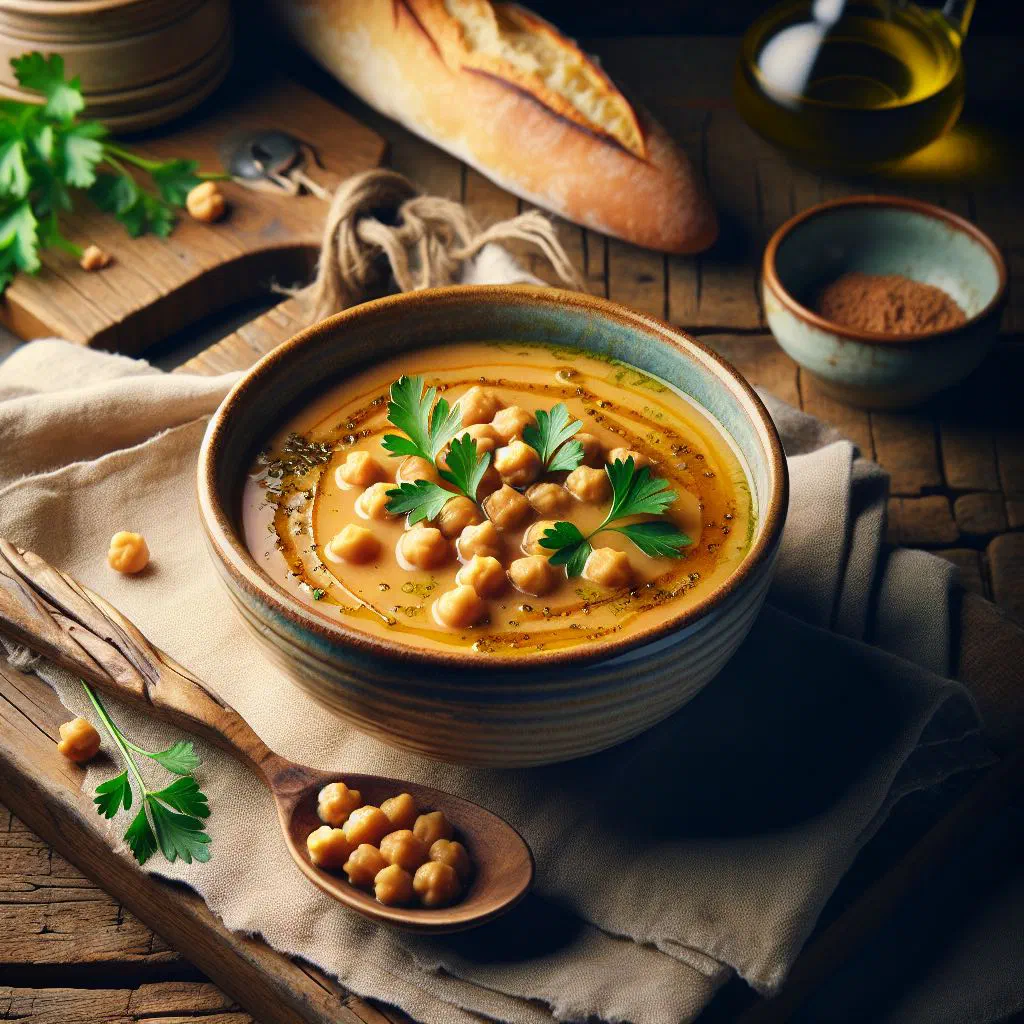 Bowl of Mauritanian chickpea soup with carrots and peppers, garnished with fresh herbs