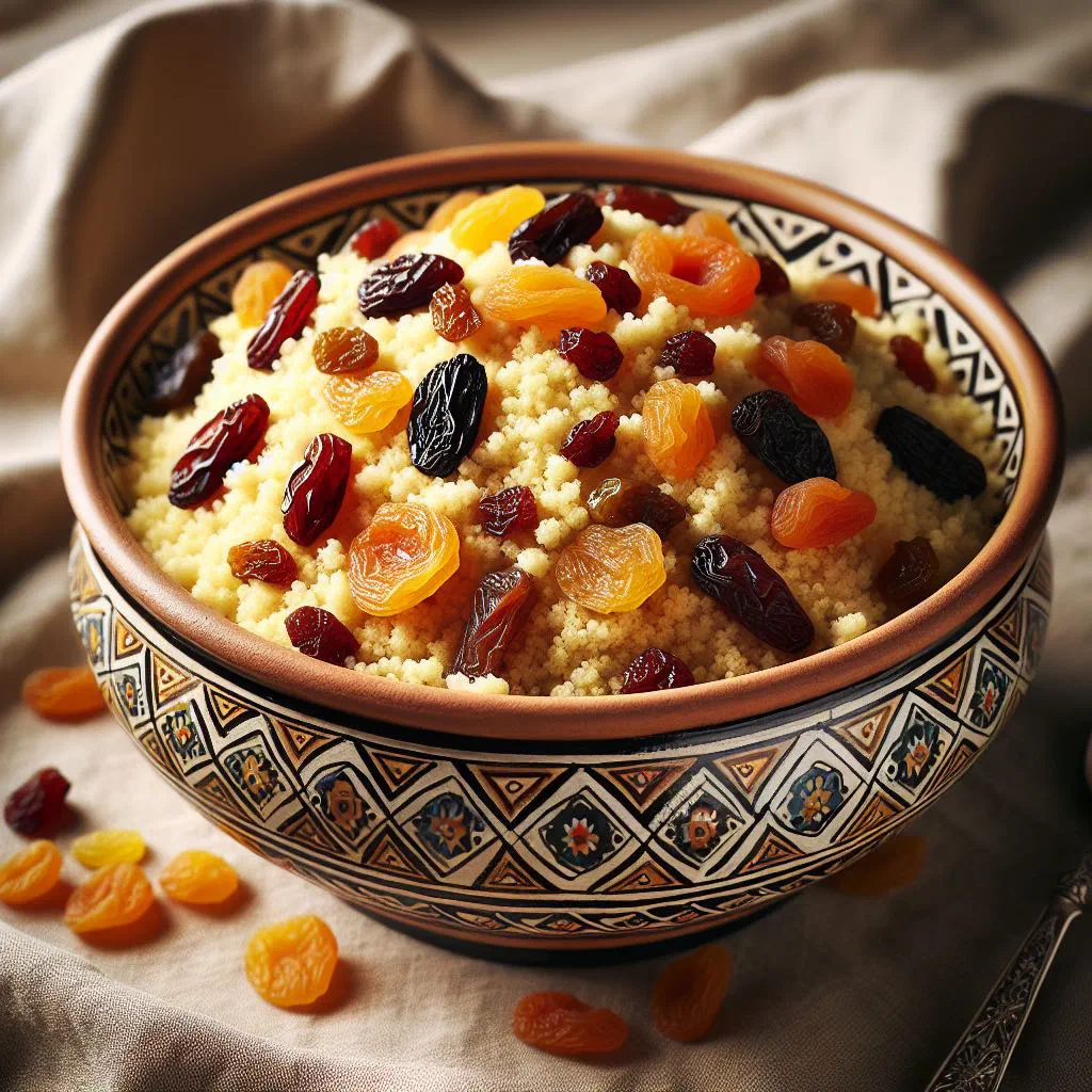 Bowl of fruit couscous topped with almonds, dried fruit and fresh mint