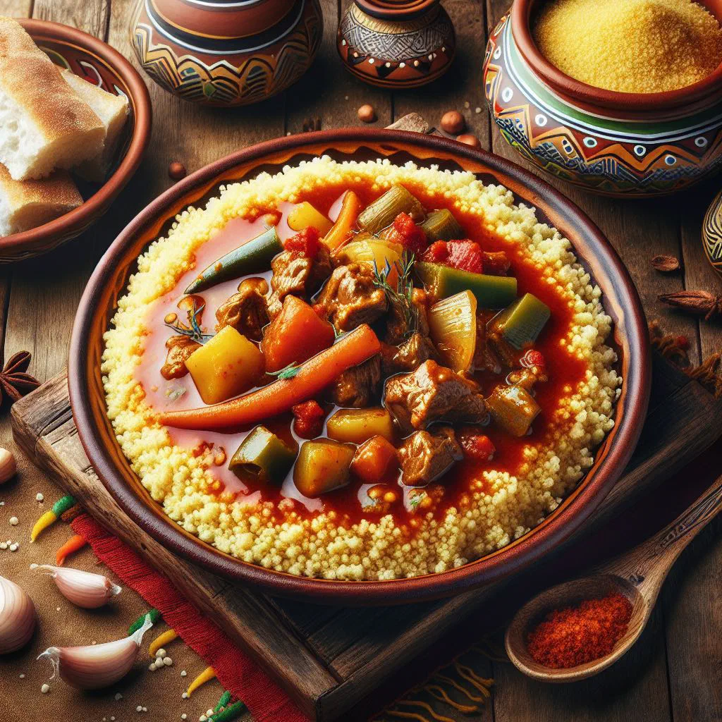Steaming couscous mermez with vegetables and tender meat, garnished with fresh herbs