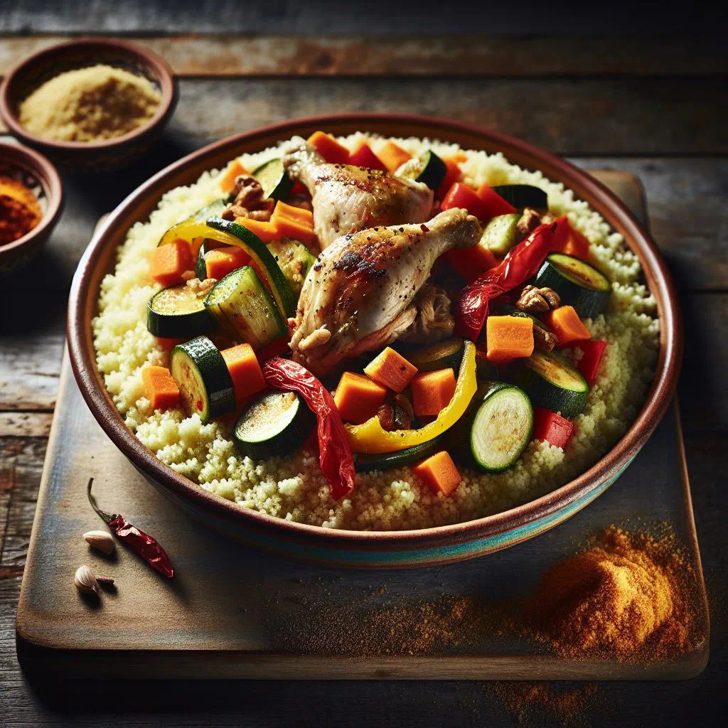Couscous with tender chicken and colourful vegetables in a serving bowl