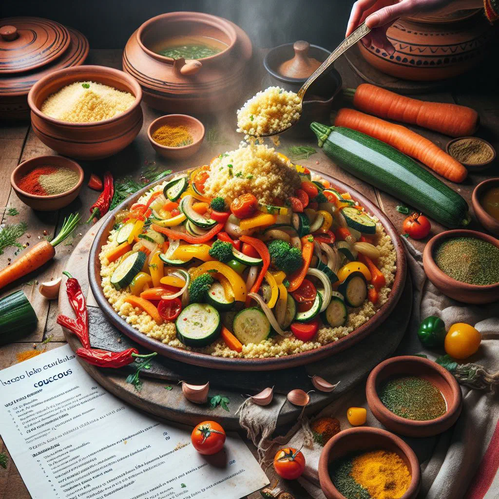 Fluffy couscous topped with colourful sautéed vegetables and fresh herbs