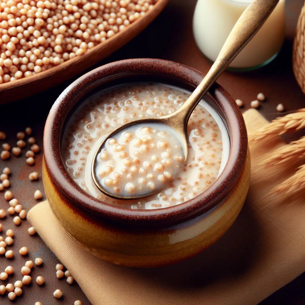 A bowl of dégué with millet grains in sweetened yoghurt