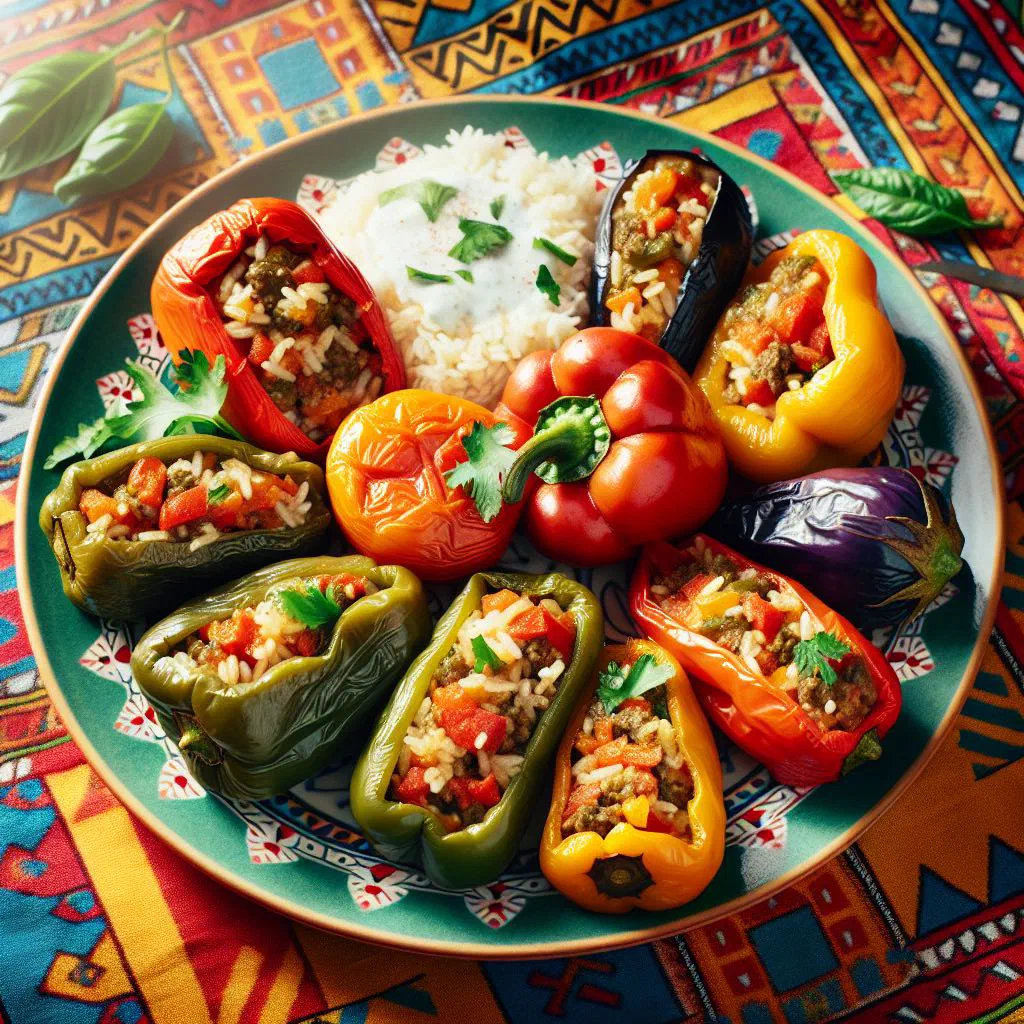 Stuffed peppers filled with spiced meat and grains, baked and garnished with fresh herbs