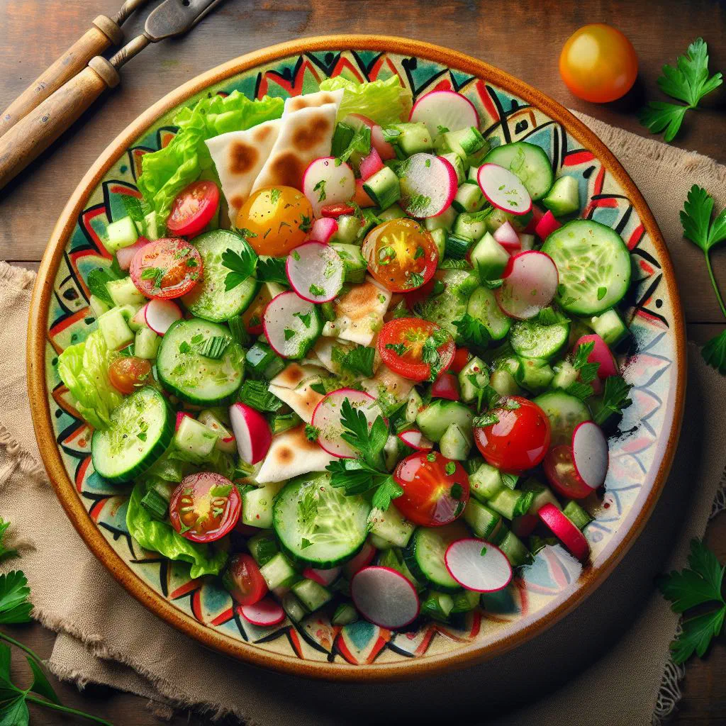 Fattouch salad with fresh vegetables, herbs and crisp flatbread pieces