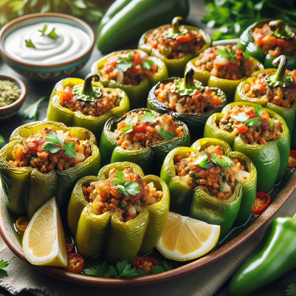 Baked stuffed peppers filled with spiced rice and minced meat