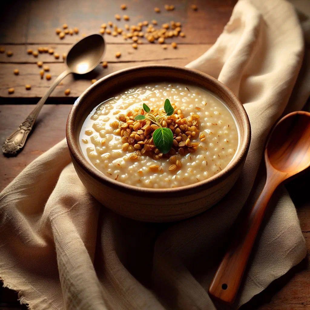 Bowl of creamy Mauritanian fenugreek porridge drizzled with honey