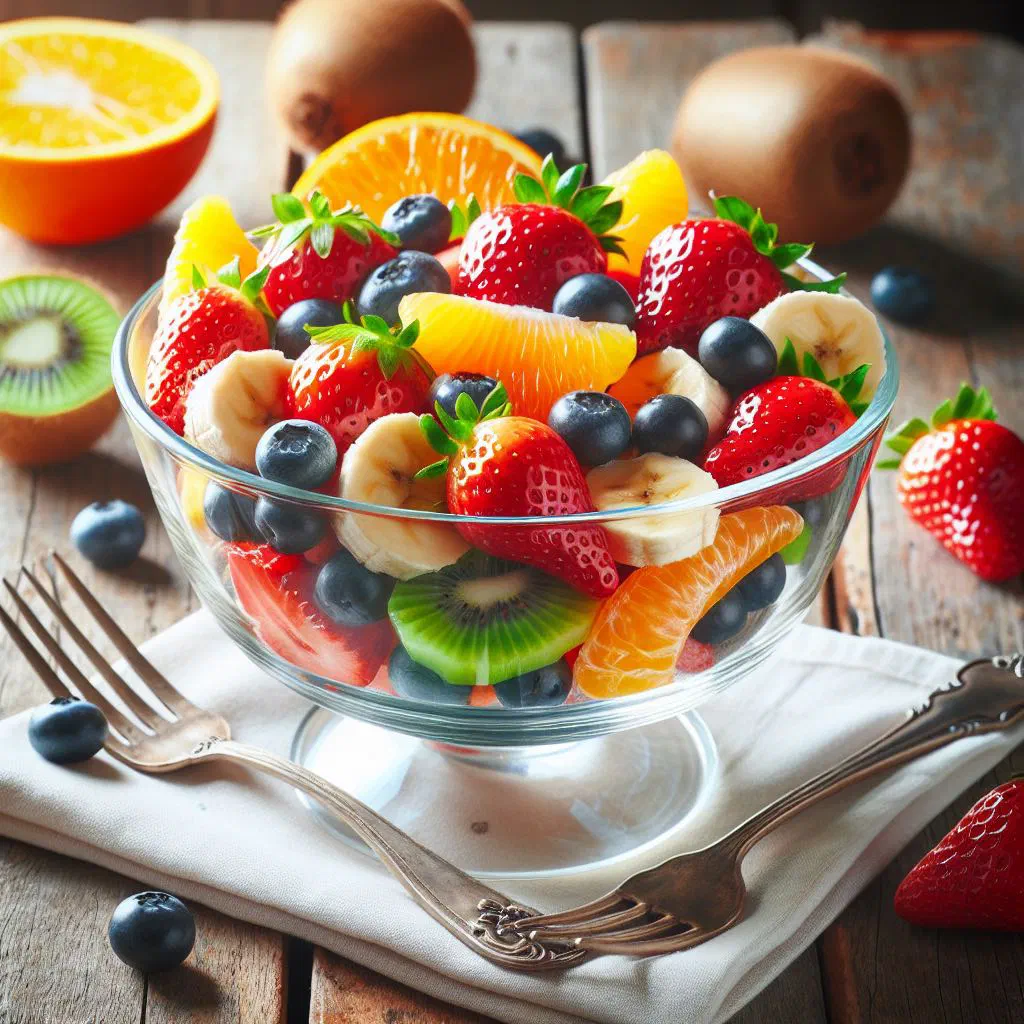 Colourful bowl of fresh tropical fruit salad garnished with mint