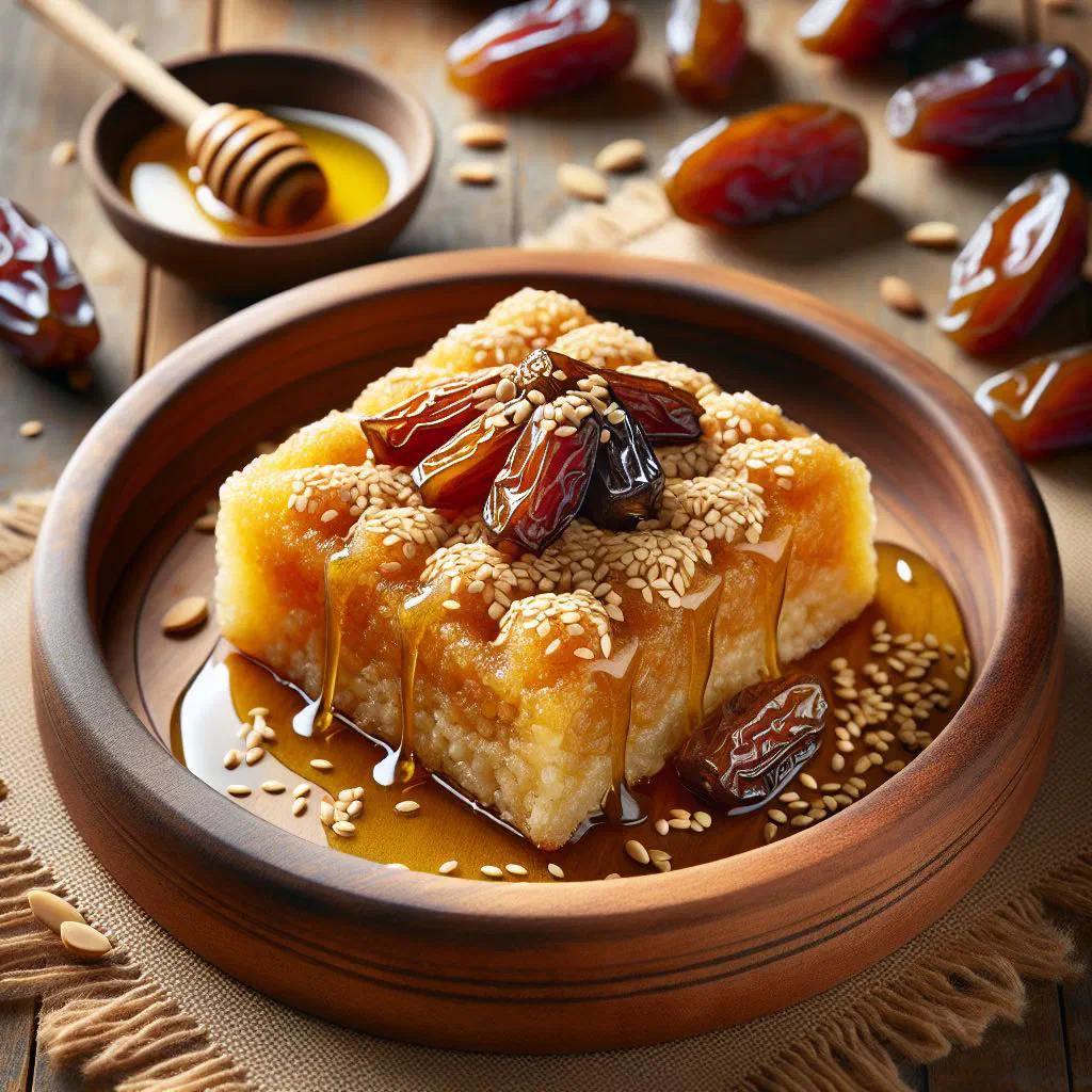 Golden date-filled Gâteau Makroud bars dusted with sugar on a plate