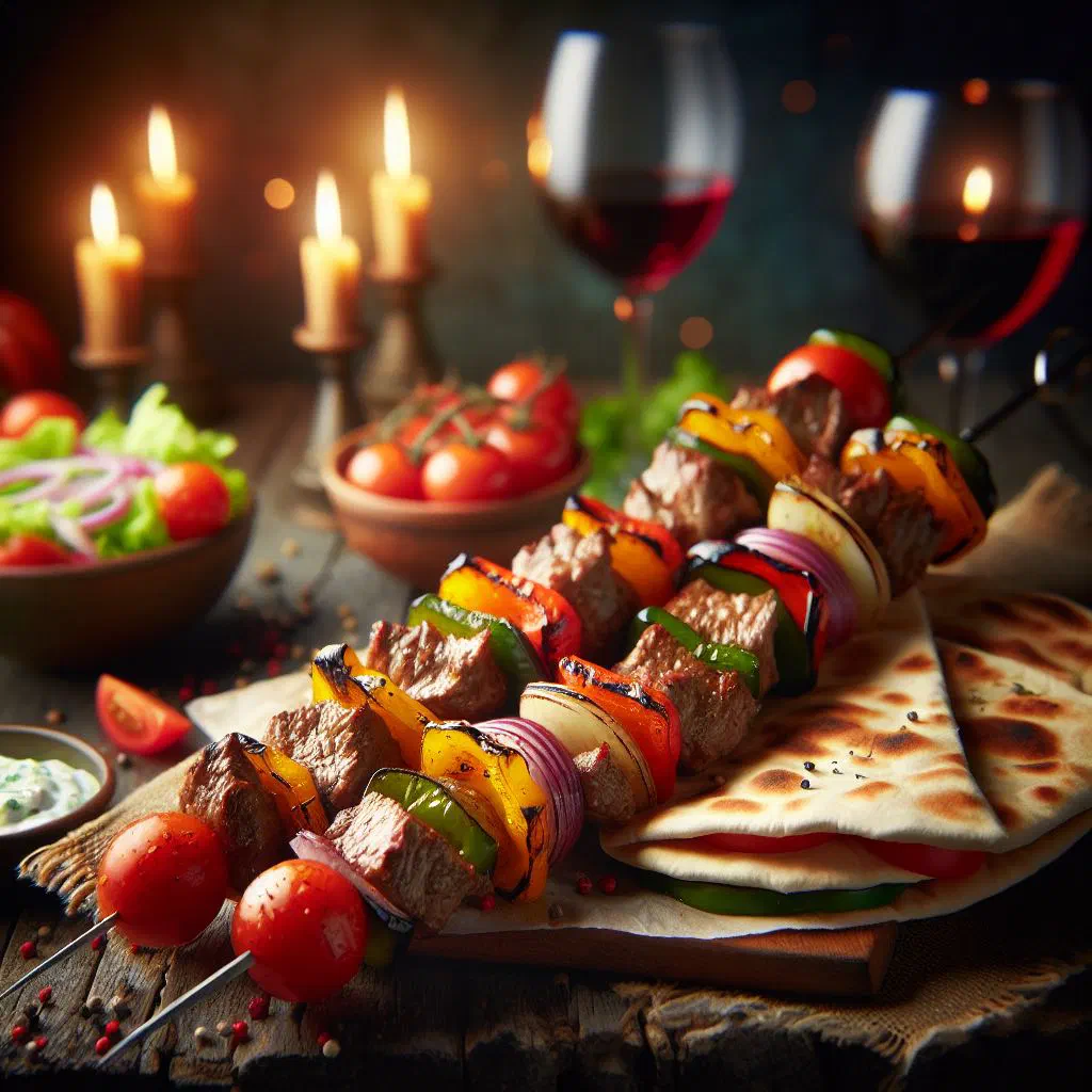 Grilled kebab skewers with peppers and onions, garnished with fresh herbs