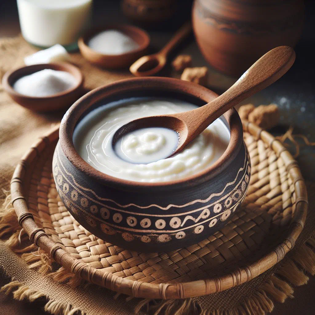 Bowl of creamy Mauritanian lait caillé, lightly soured fermented milk