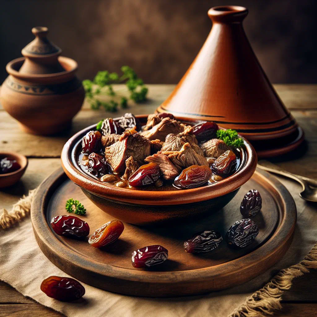 Lamb tagine with prunes garnished with fresh herbs in a traditional tagine pot