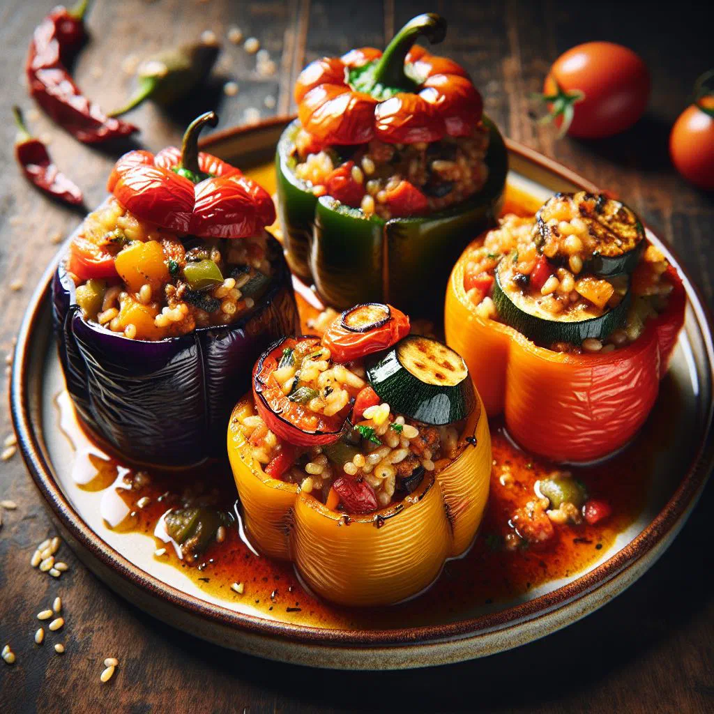 Colourful stuffed peppers, courgettes and tomatoes filled with spiced rice