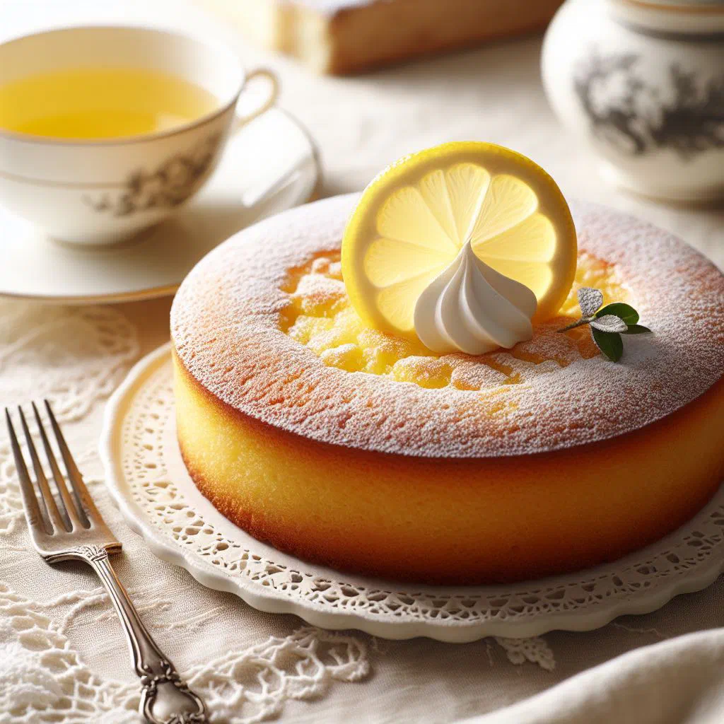 Golden lemon cake dusted with icing sugar and garnished with lemon slices