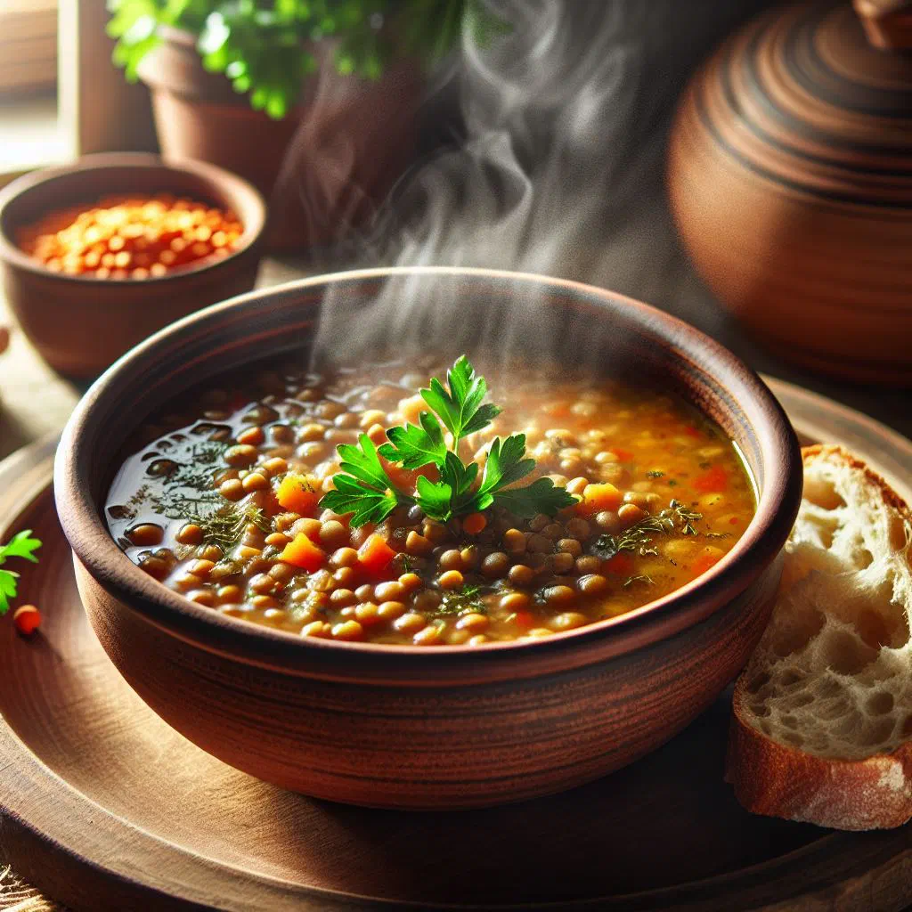 A bowl of Mauritanian lentil soup garnished with fresh herbs
