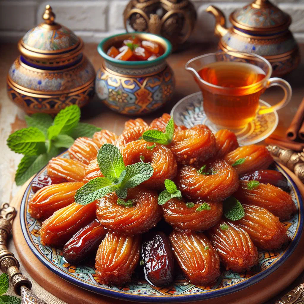 Golden fried makroud pastries filled with dates and drizzled with honey