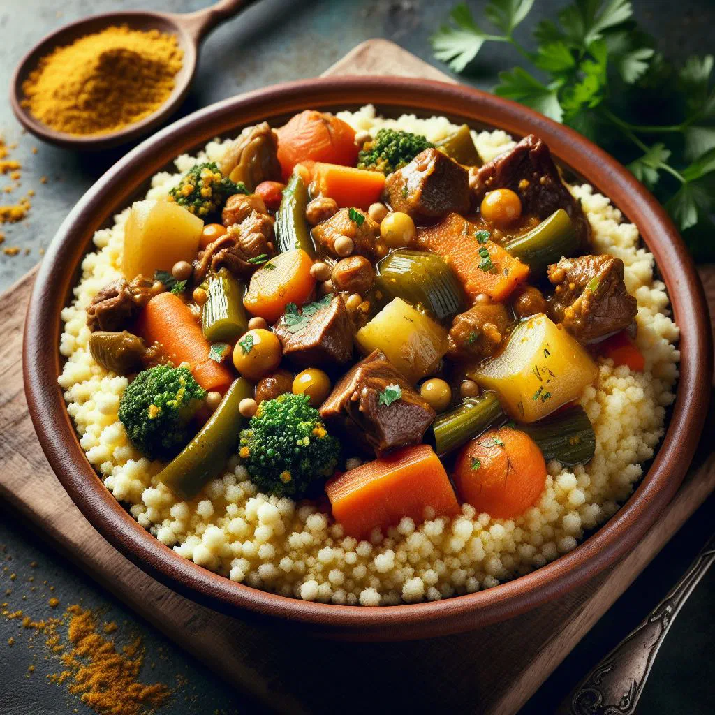 Steamed Mauritanian couscous with colourful vegetables in a large bowl