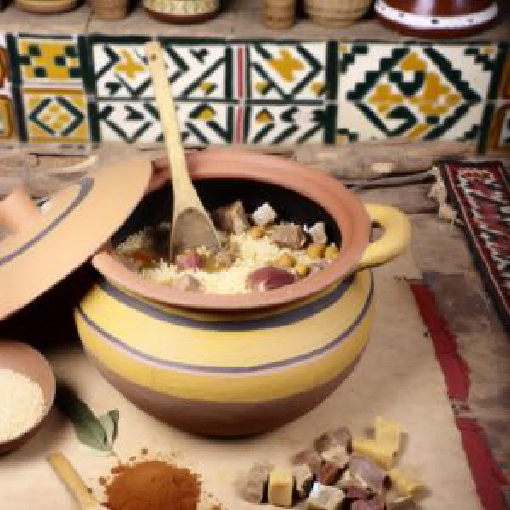 A bowl of Mbakbaka, spiced Mauritanian rice with chicken and vegetables