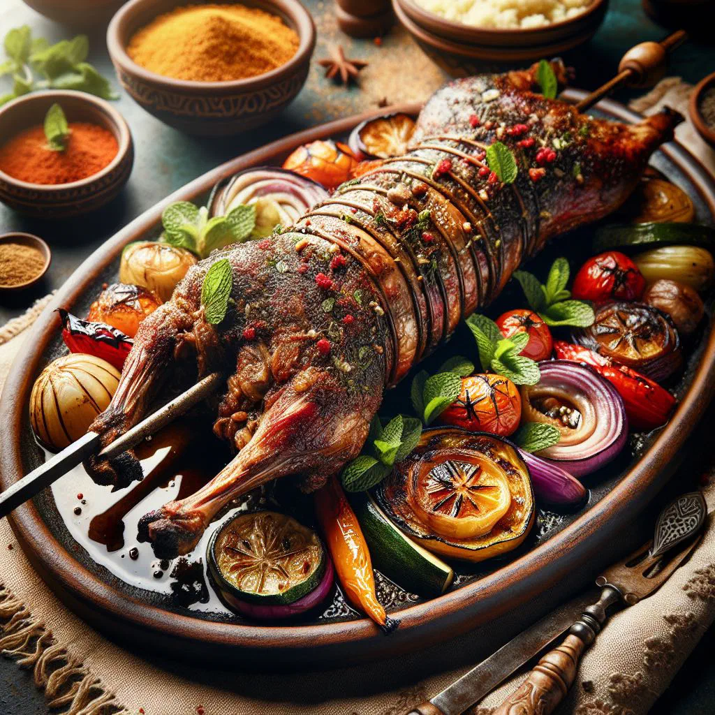 Grilled marinated lamb garnished with fresh herbs on a platter
