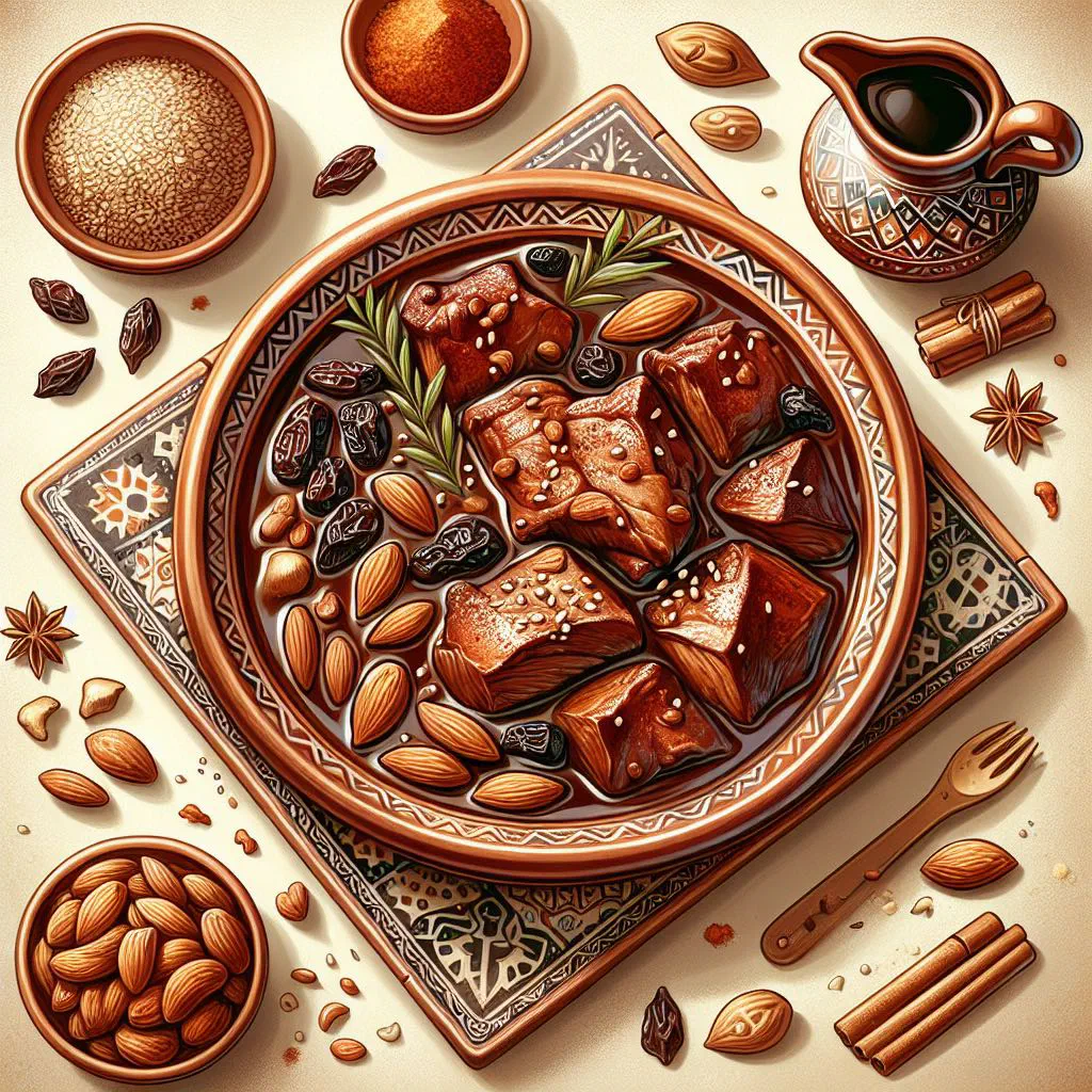 Mrouzia lamb stew with dried fruit and almonds in a serving dish