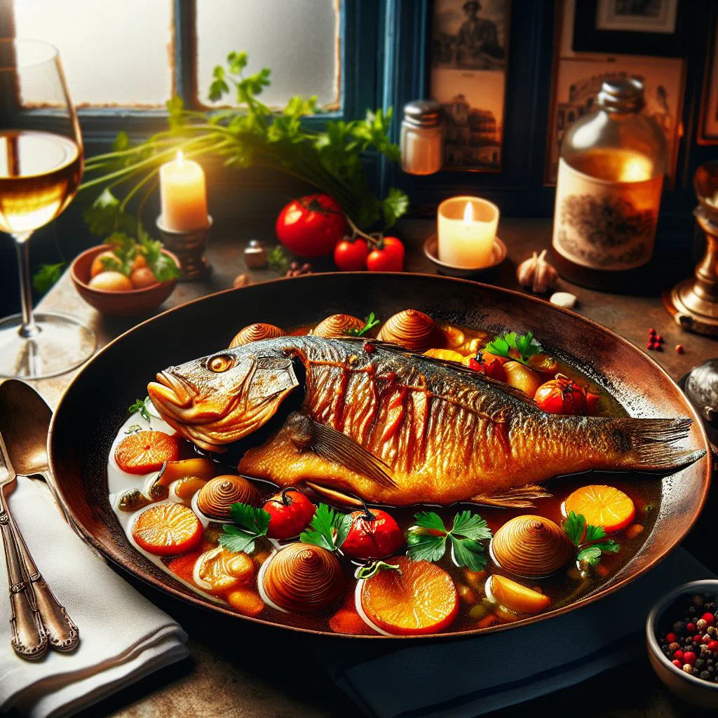 Grilled marinated fish garnished with fresh herbs and lemon