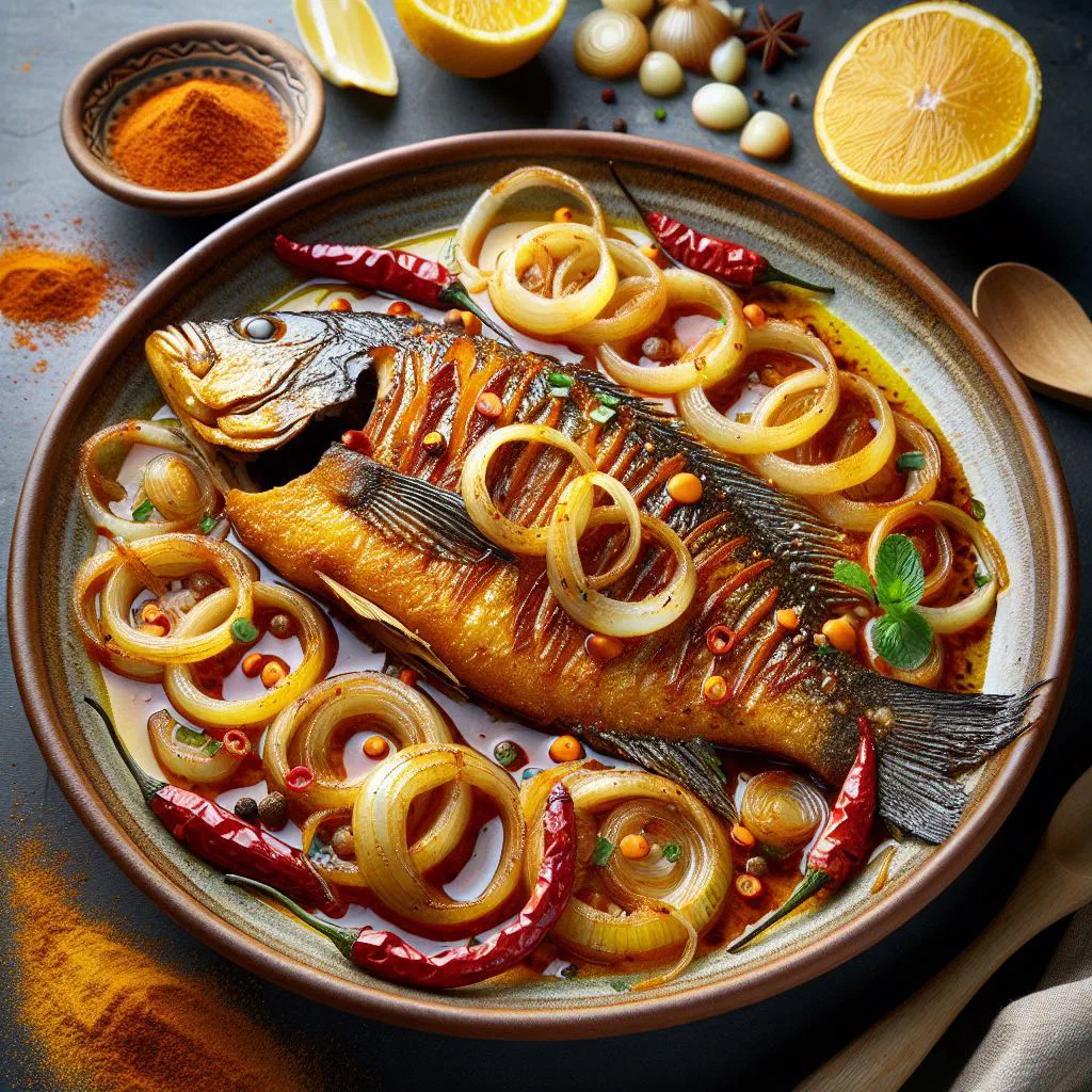 Poisson Yassa with tender fish fillets and golden onions in lemon sauce