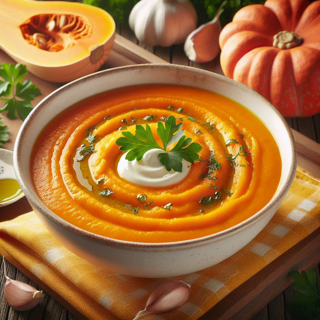 A creamy bowl of Mauritanian pumpkin soup garnished with fresh herbs