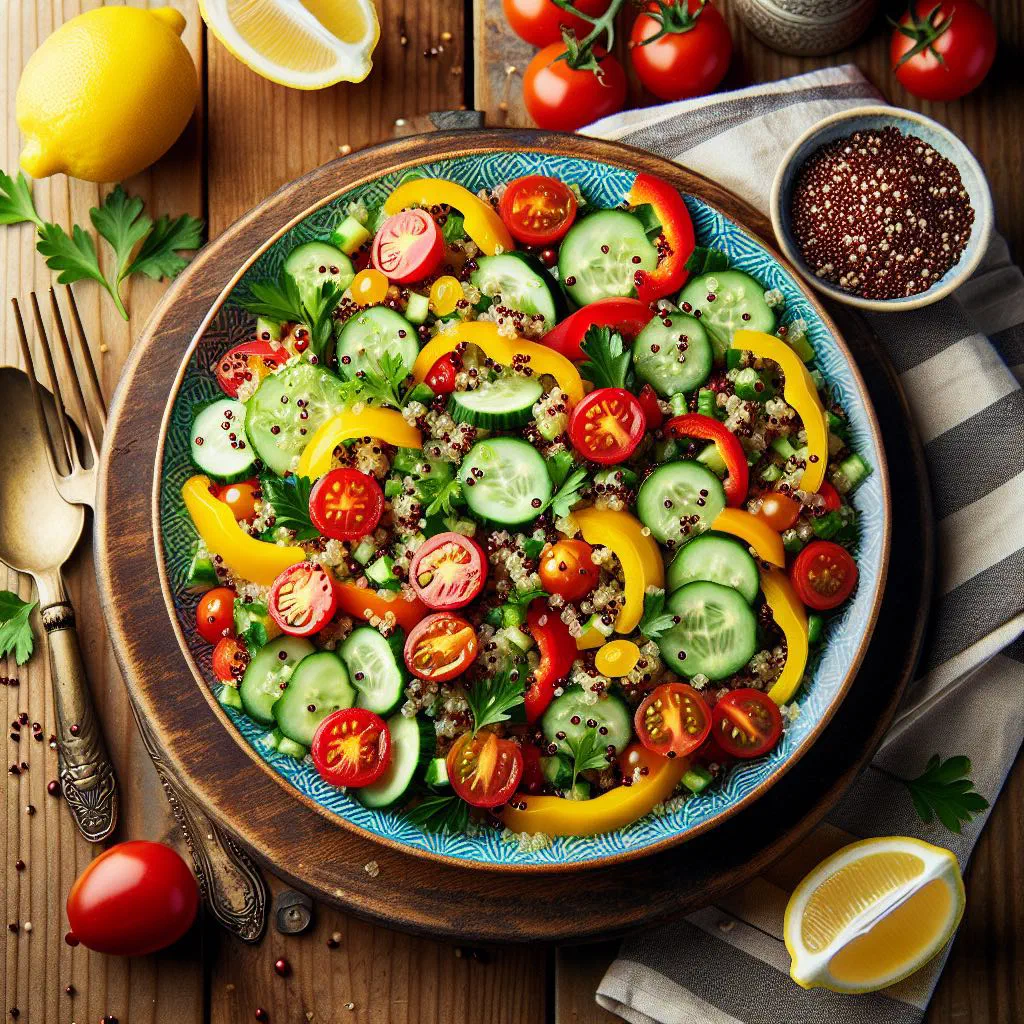 Colourful quinoa salad with fresh vegetables, feta and parsley in a wide bowl