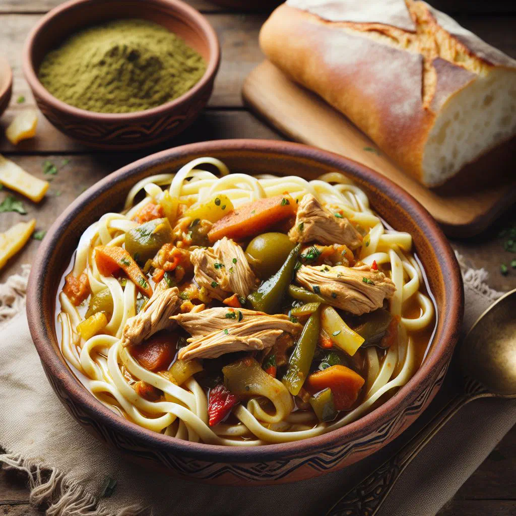 Steamed rechta noodles topped with spiced meat and vegetables