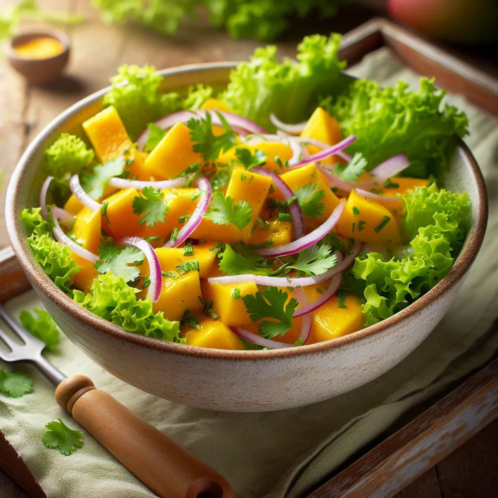 Colourful mango salad with peppers, cucumber and red onion