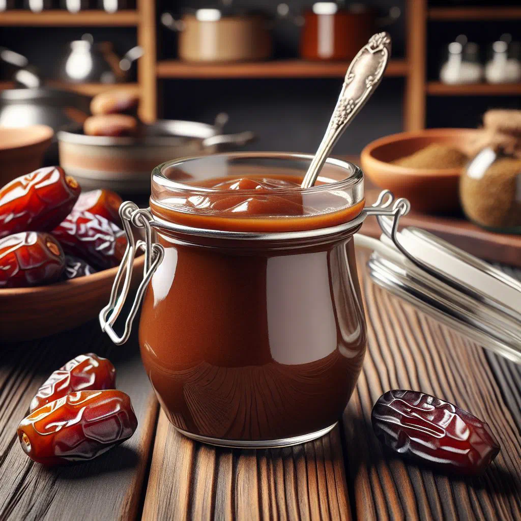 Smooth date sauce in a small bowl served with fresh bread