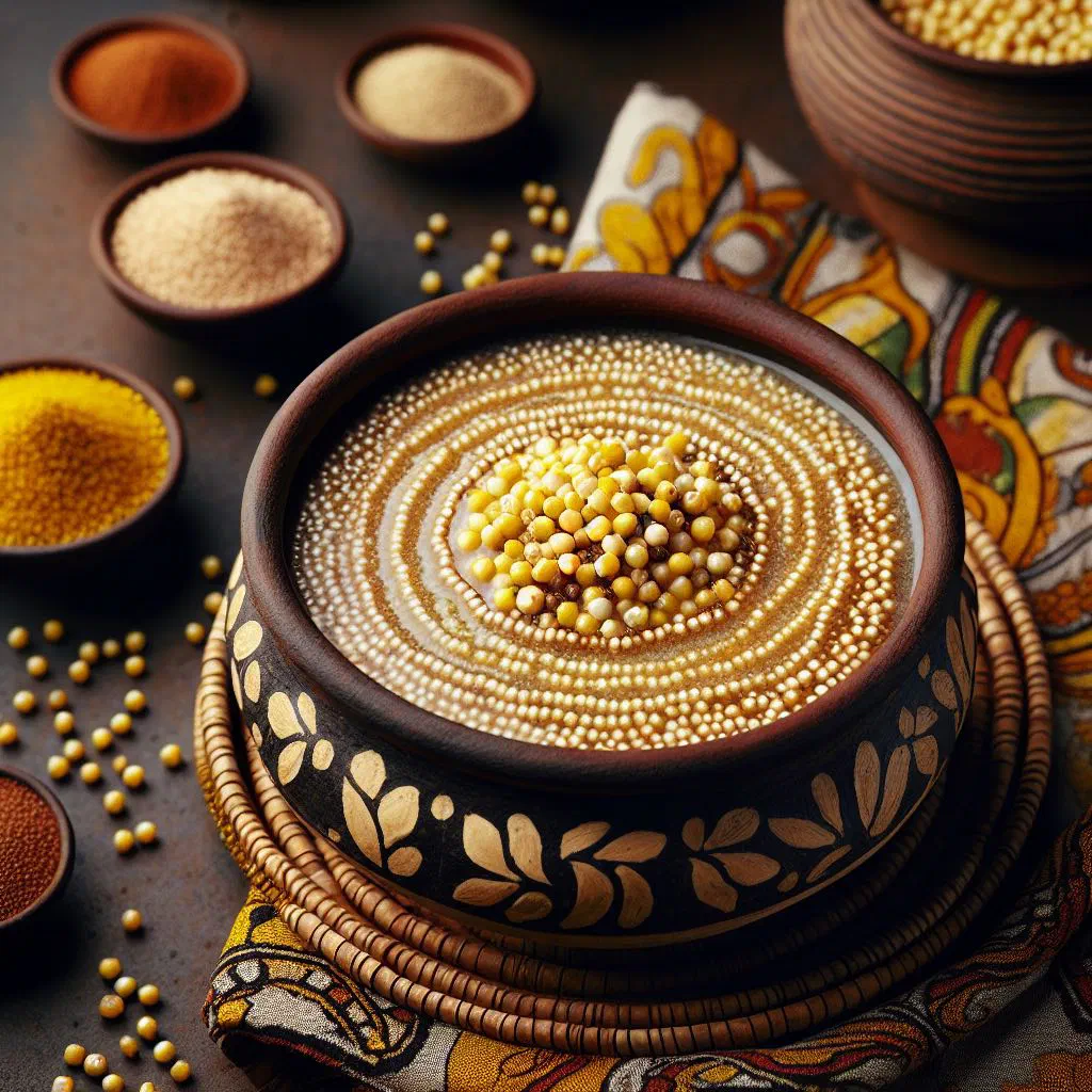 Bowl of Mauritanian millet soup garnished with fresh herbs