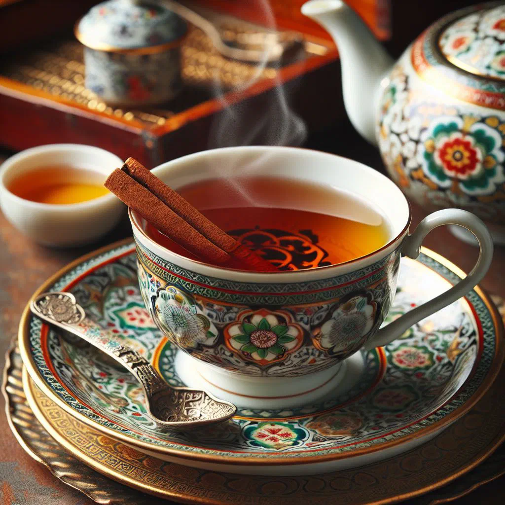 Glasses of cinnamon-spiced green tea with a cinnamon stick and fresh mint