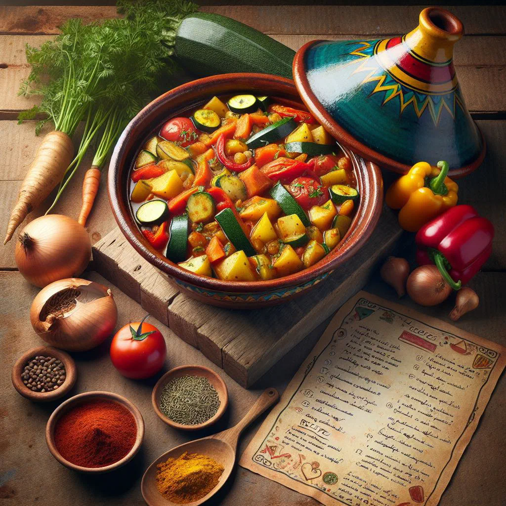 Vegetable tagine with courgette, carrot, peppers and chickpeas in spiced sauce
