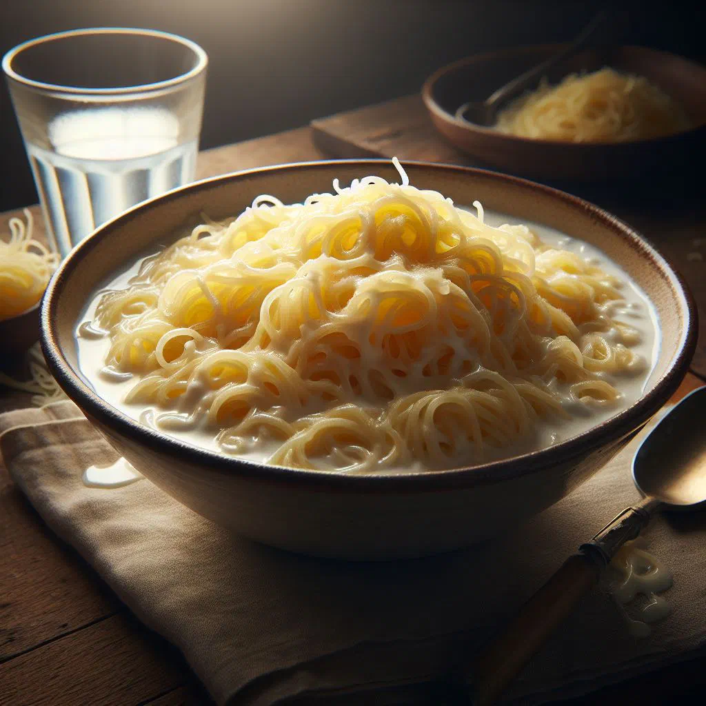 Creamy vermicelles au lait dessert dusted with cinnamon in a bowl