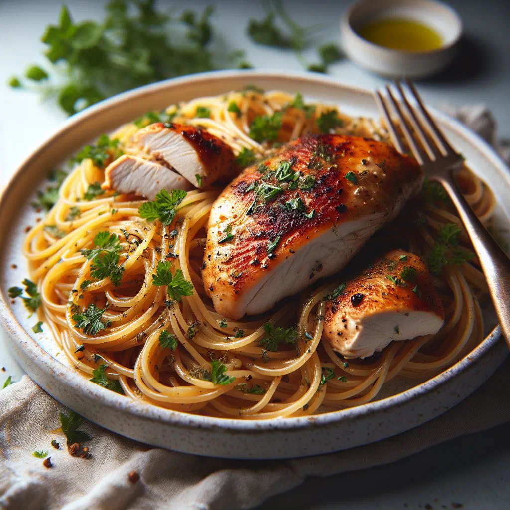 Vermicelli with tender chicken pieces in a rich, spiced sauce garnished with fresh herbs