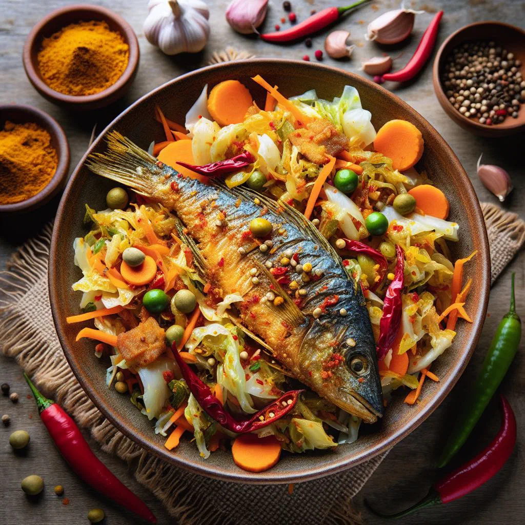 Golden-fried salted fish pieces in a spicy mustard marinade, garnished with fresh herbs
