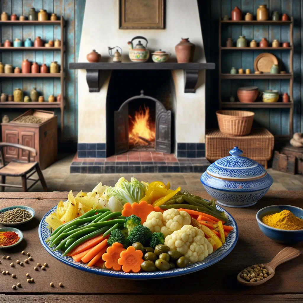 Bowl of achard de légumes with pickled carrots, green beans and cabbage in a golden turmeric marinade